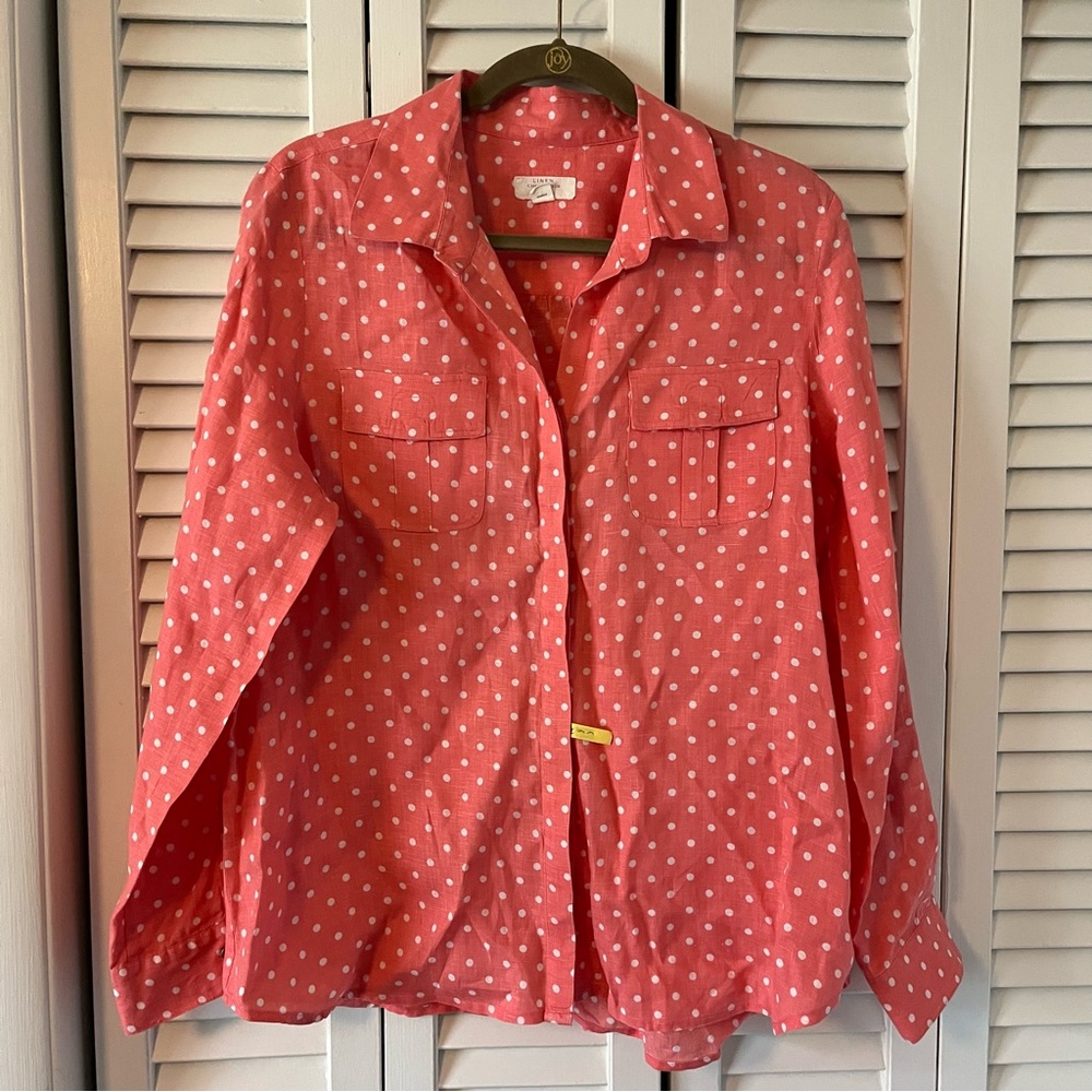 Charter Club Luxury Linen Pink Polka Dot Button Down Shirt Size Large